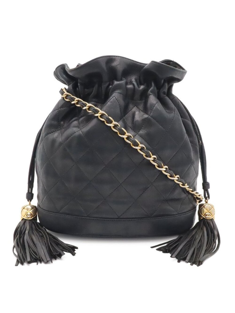 Chanel Quilted Shoulder Bag Chain Drawstring Tassel Fringe Leather Black Gold